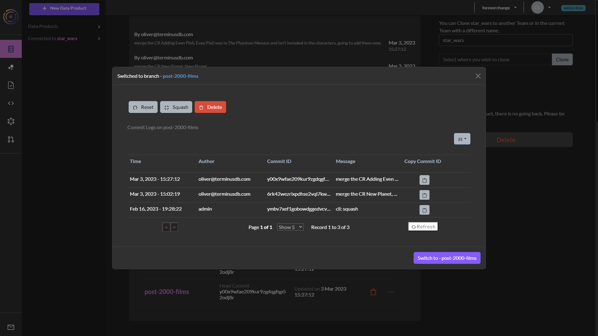 Branch options with the ability to squash the branch of the database