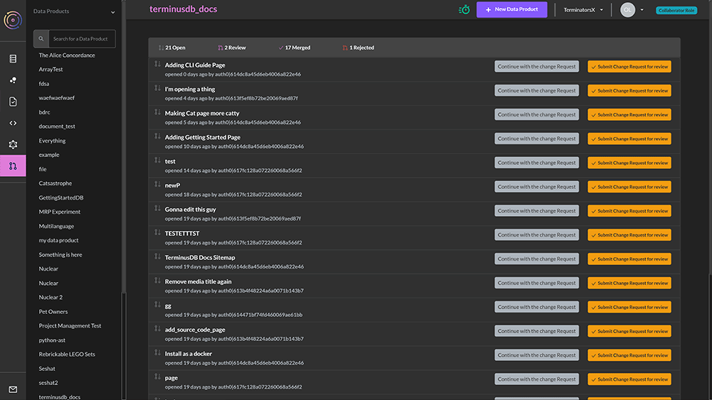 TerminusCMS change request screen