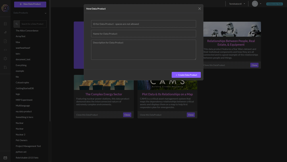 Create a new data product using the TerminusDB/TerminusCMS dashboard