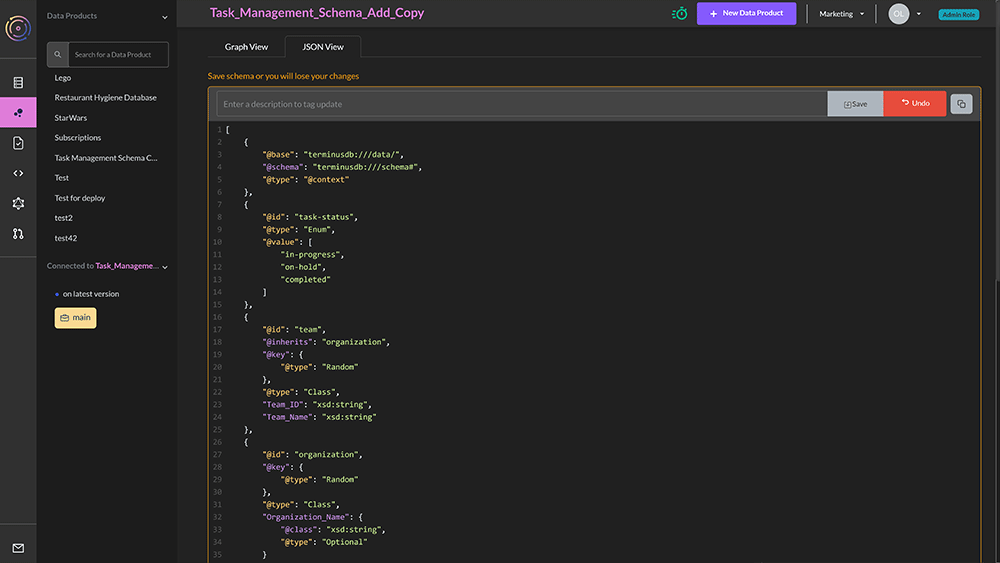 TerminusCMS schema editor JSON view