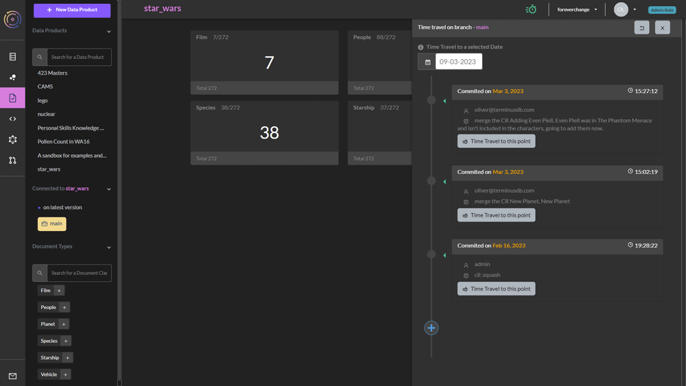 Time travel to any previous commit using the TerminusCMS dashboard